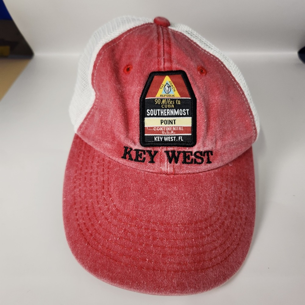 Key West Hat Cap Strap Back Red White Mesh Trucker Patch Southernmost Point Mens